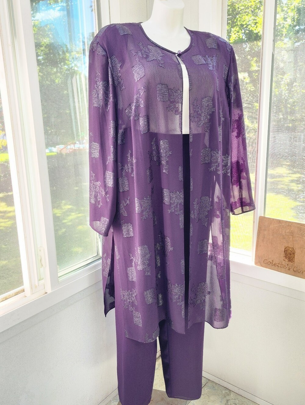 R&M Richards Plum Sheer Sequence Duster Pants Suit